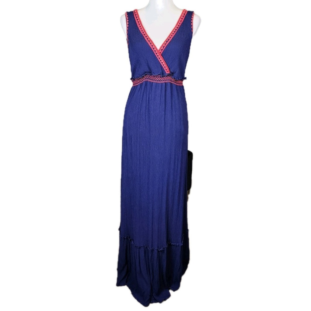 Jessica Simpson Maternity Maxi Dress Womens Medium Navy Red Embroidery Casual